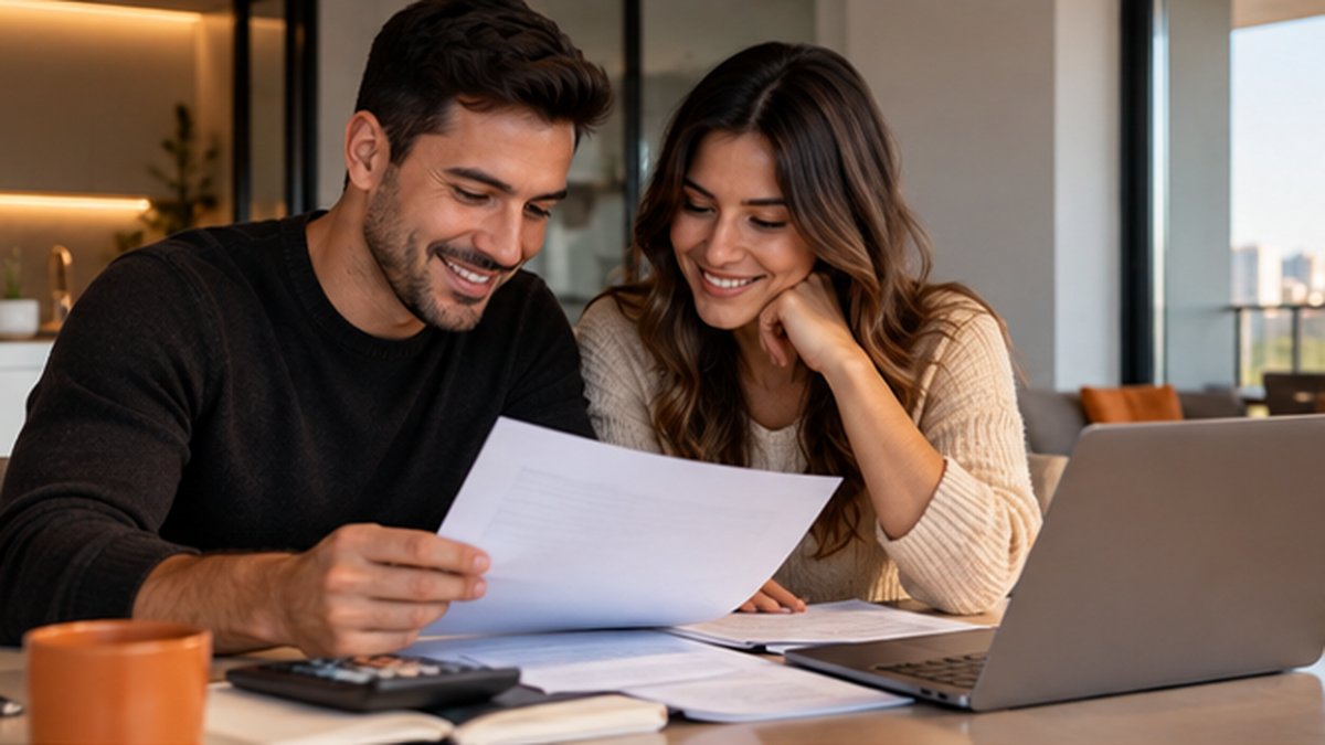 Casal analisando as condições de financiamento de um apartamento
